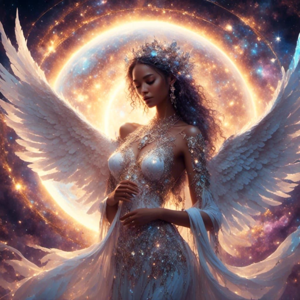 Galactic Angel Holding Planet in Ethereal Stardust
