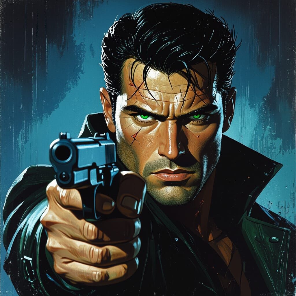 Intense Man with Pistol in Gritty Digital Art Style