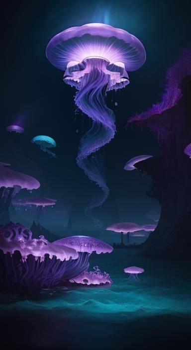 Purple Jellyfish Floating Among Glowing Bubbles