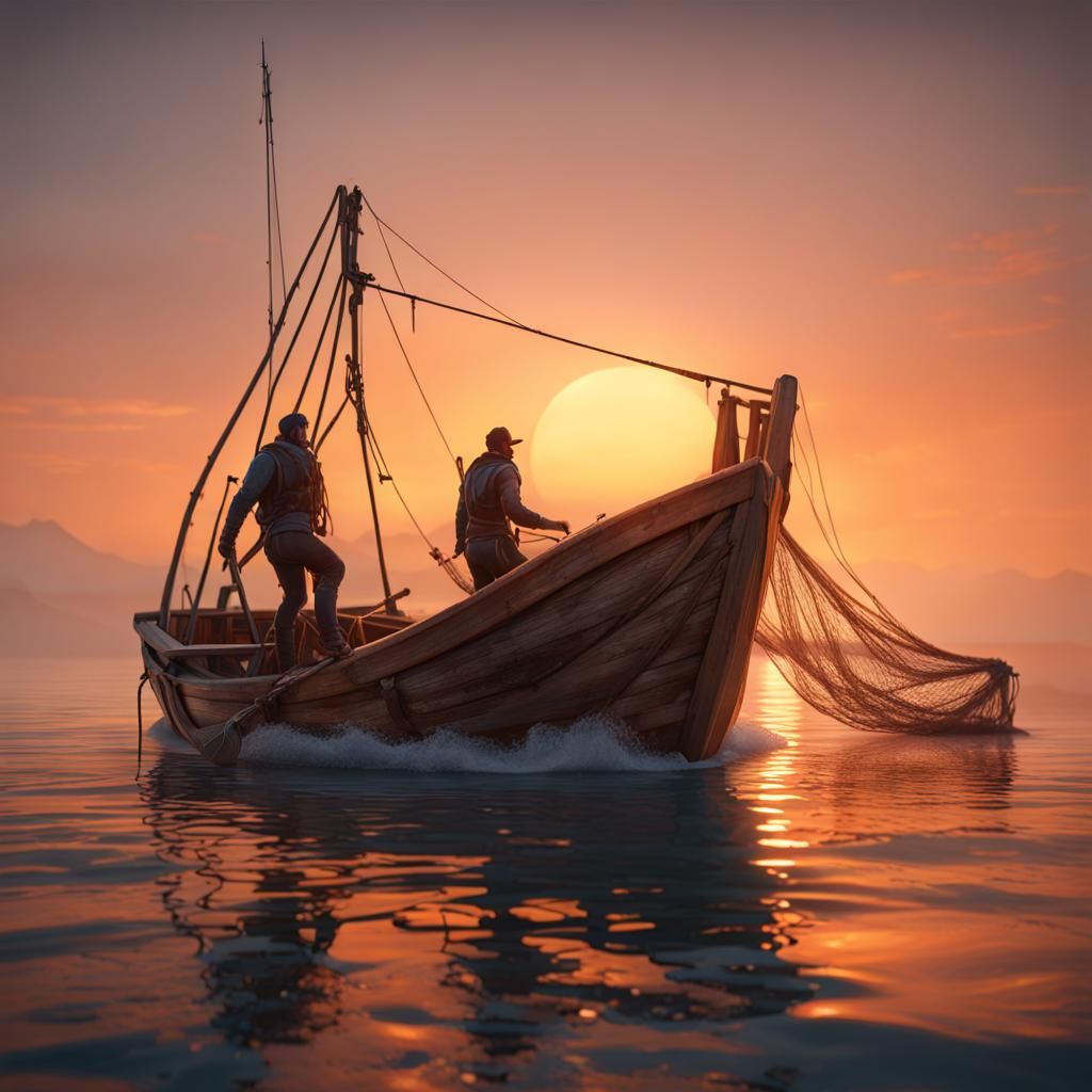 Greek Fishing Boat at Sunrise in 3D Game Style
