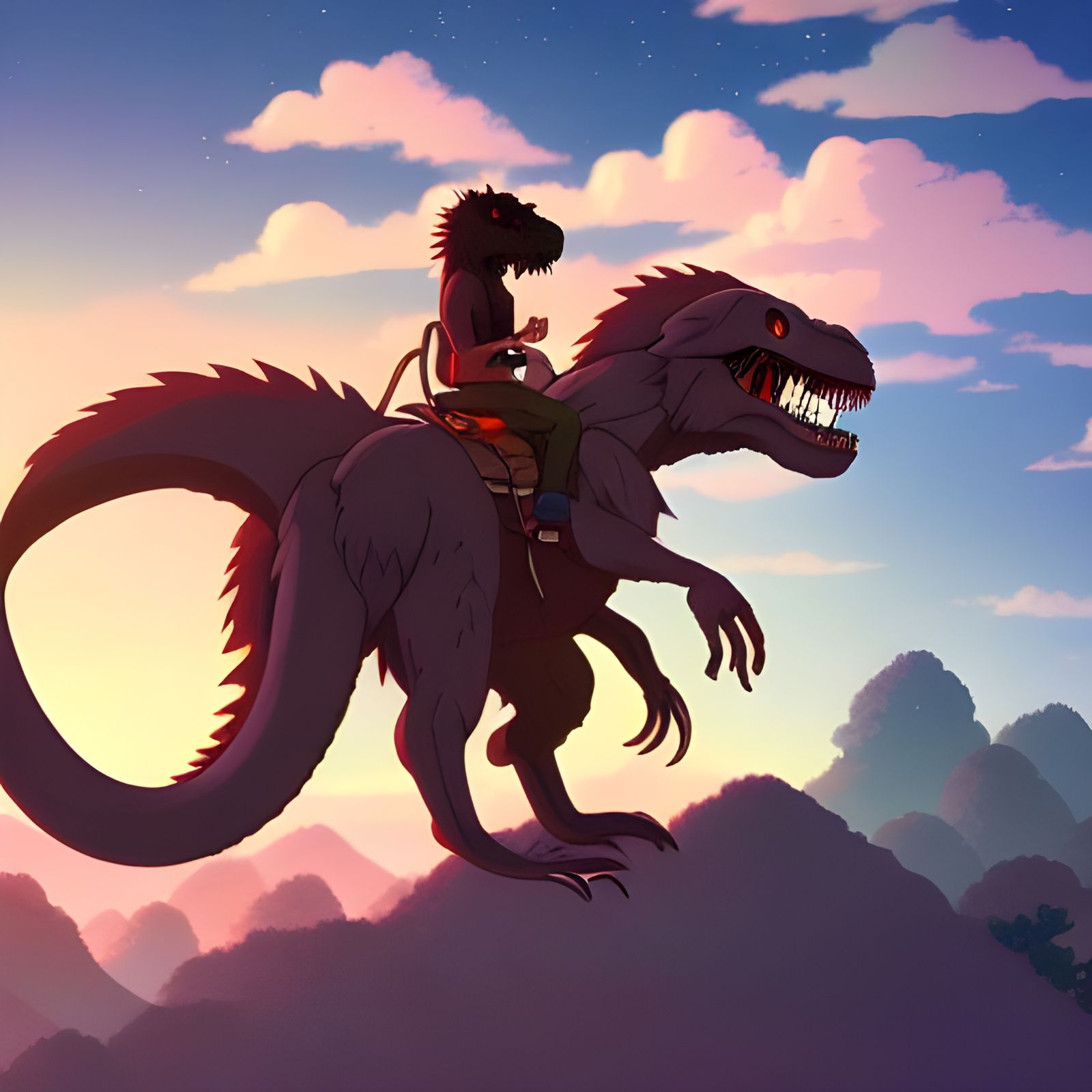 Cowboy Monkey Rides T-Rex in Anime Style