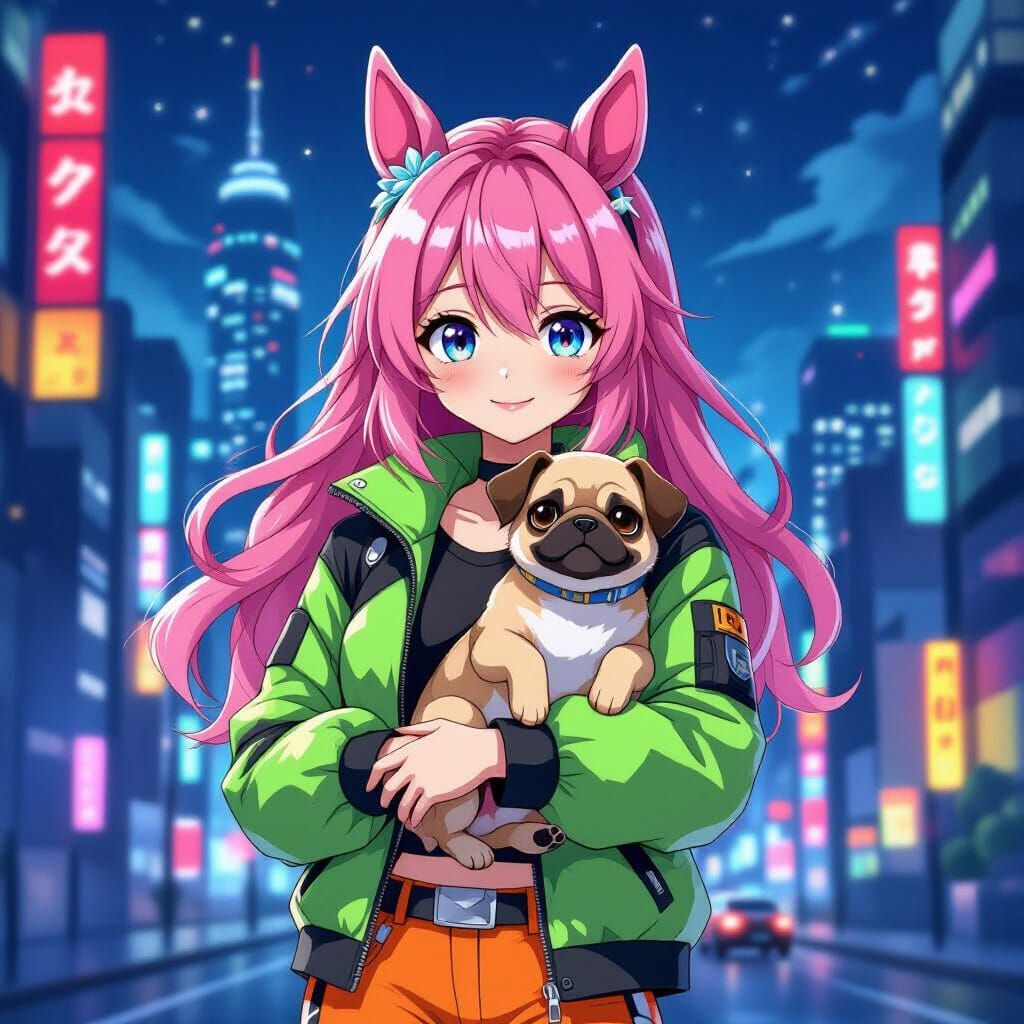 Anime Girl with Pug in Futuristic Cityscape