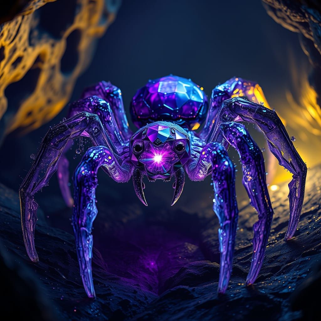 Bioluminescent Crystal Spider in Cosmic Cavern