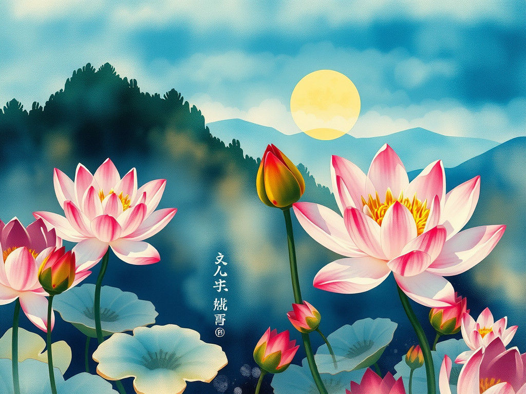 Ethereal Japanese Lotus Landscape in Watercolor Style