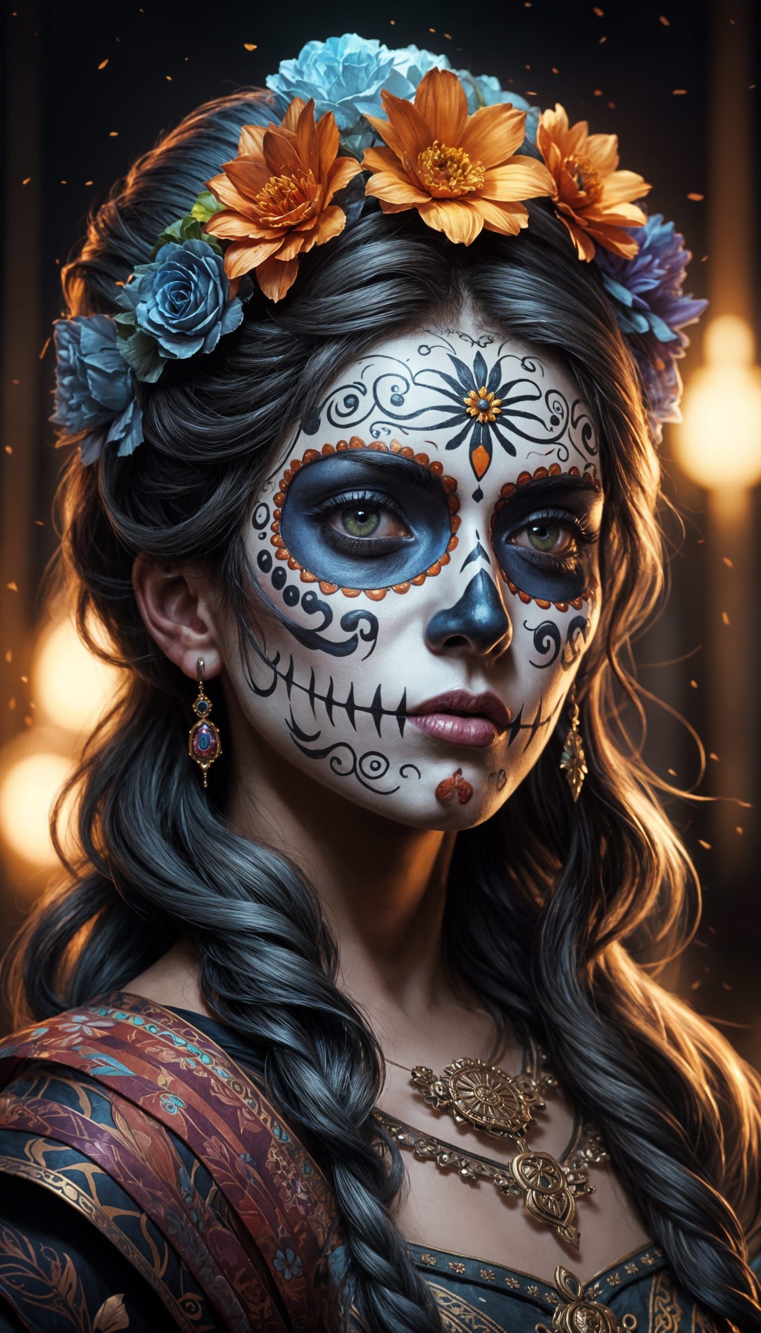 Vibrant Día de los Muertos Portrait in Triadic Colors