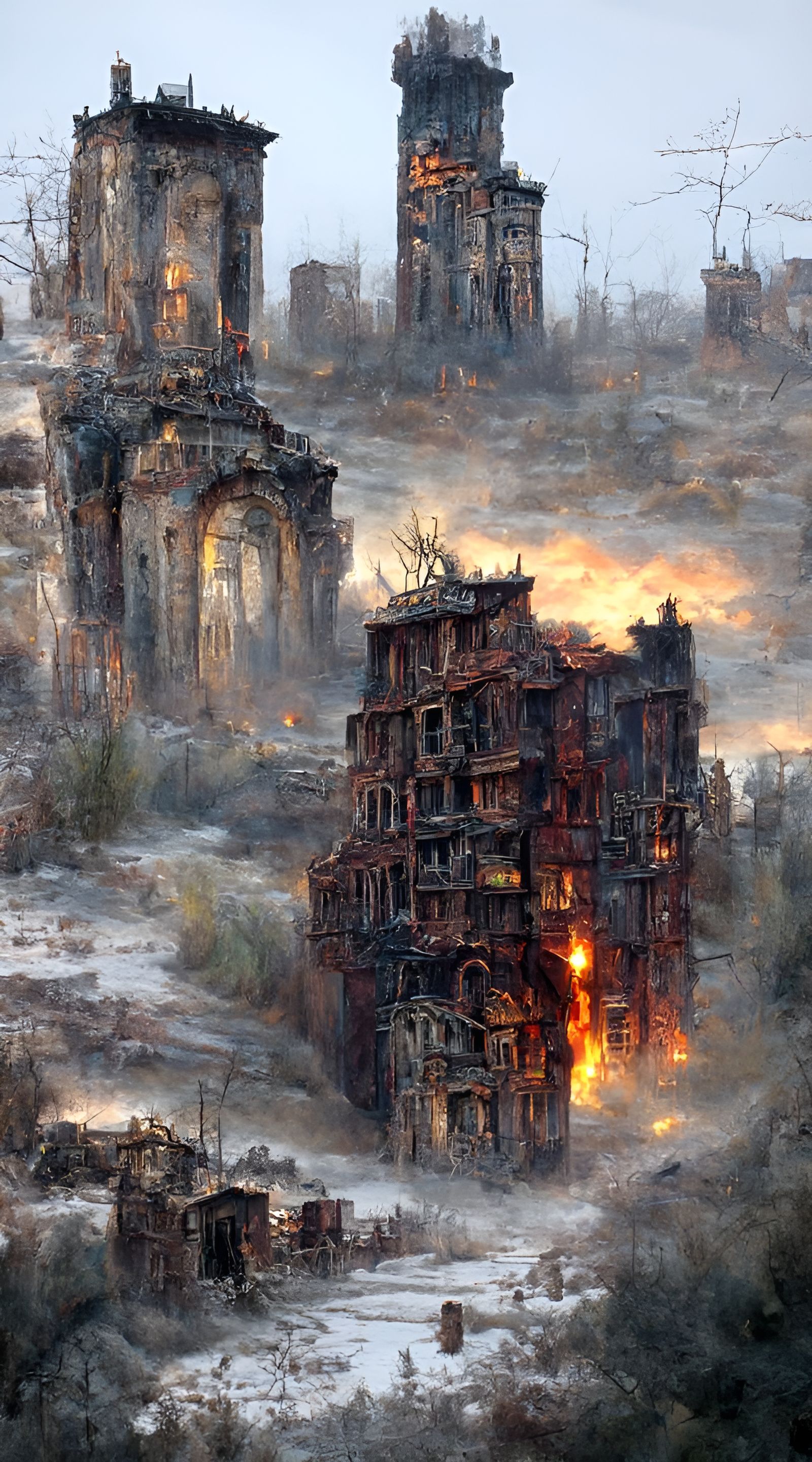 Fiery Post-Apocalyptic City Ruins at Night