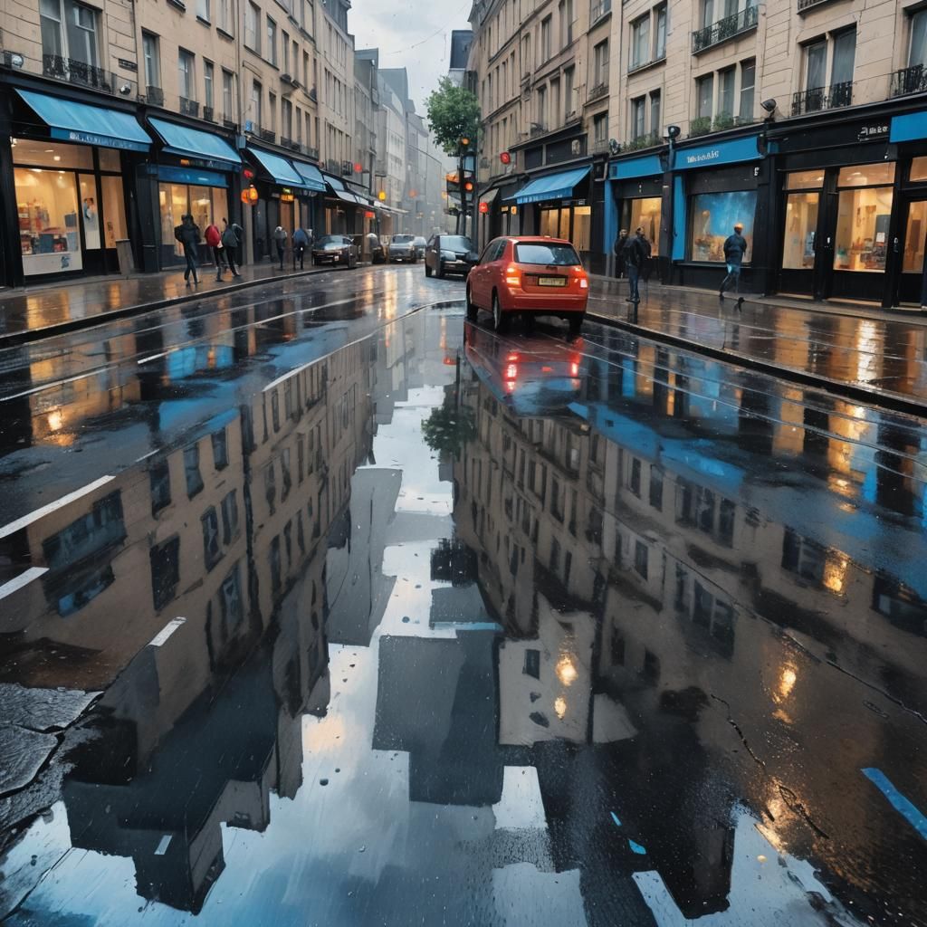 Hyperrealistic Wet Street Scene After Rain
