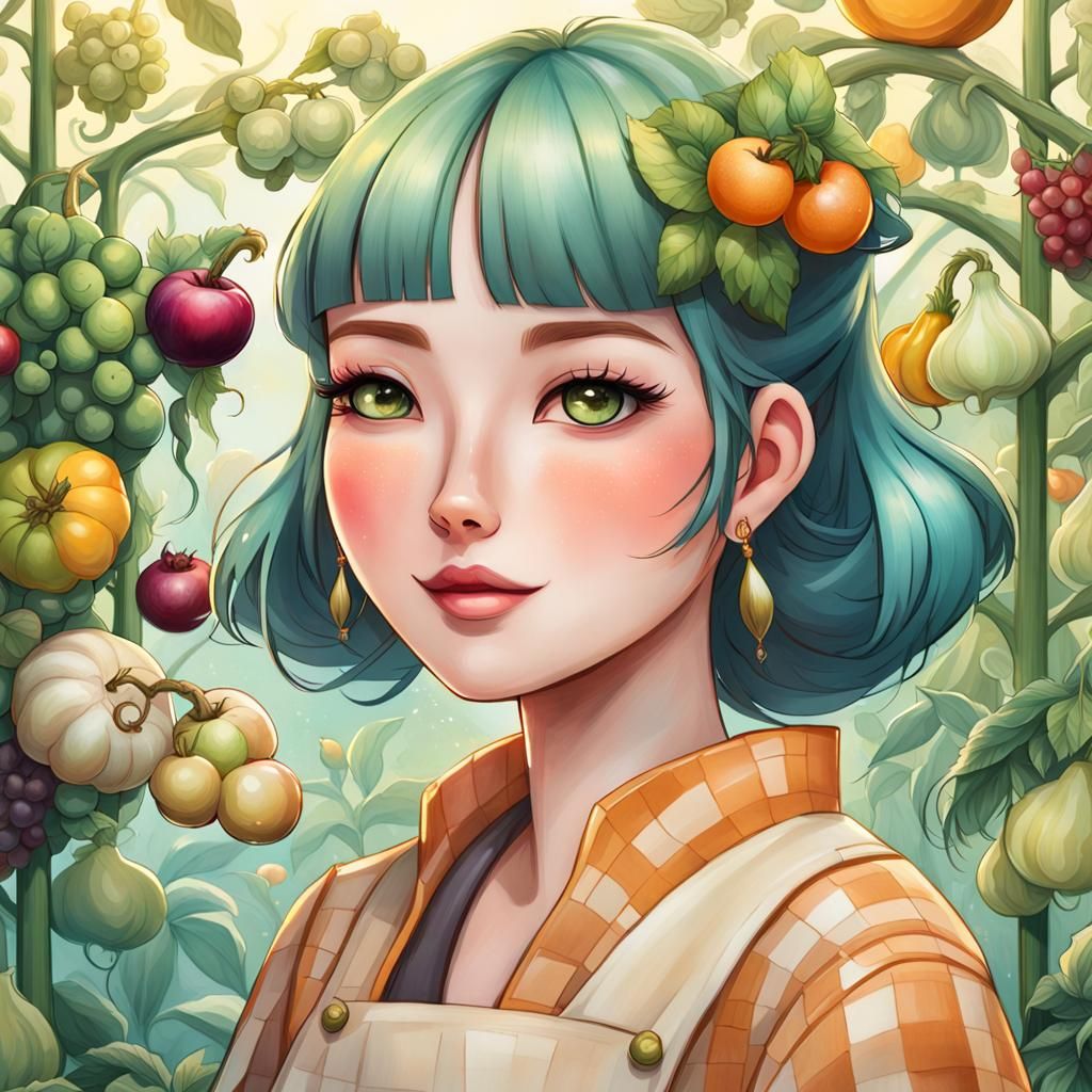 Anime Farmer Girl Selling Produce in Maximalist Style