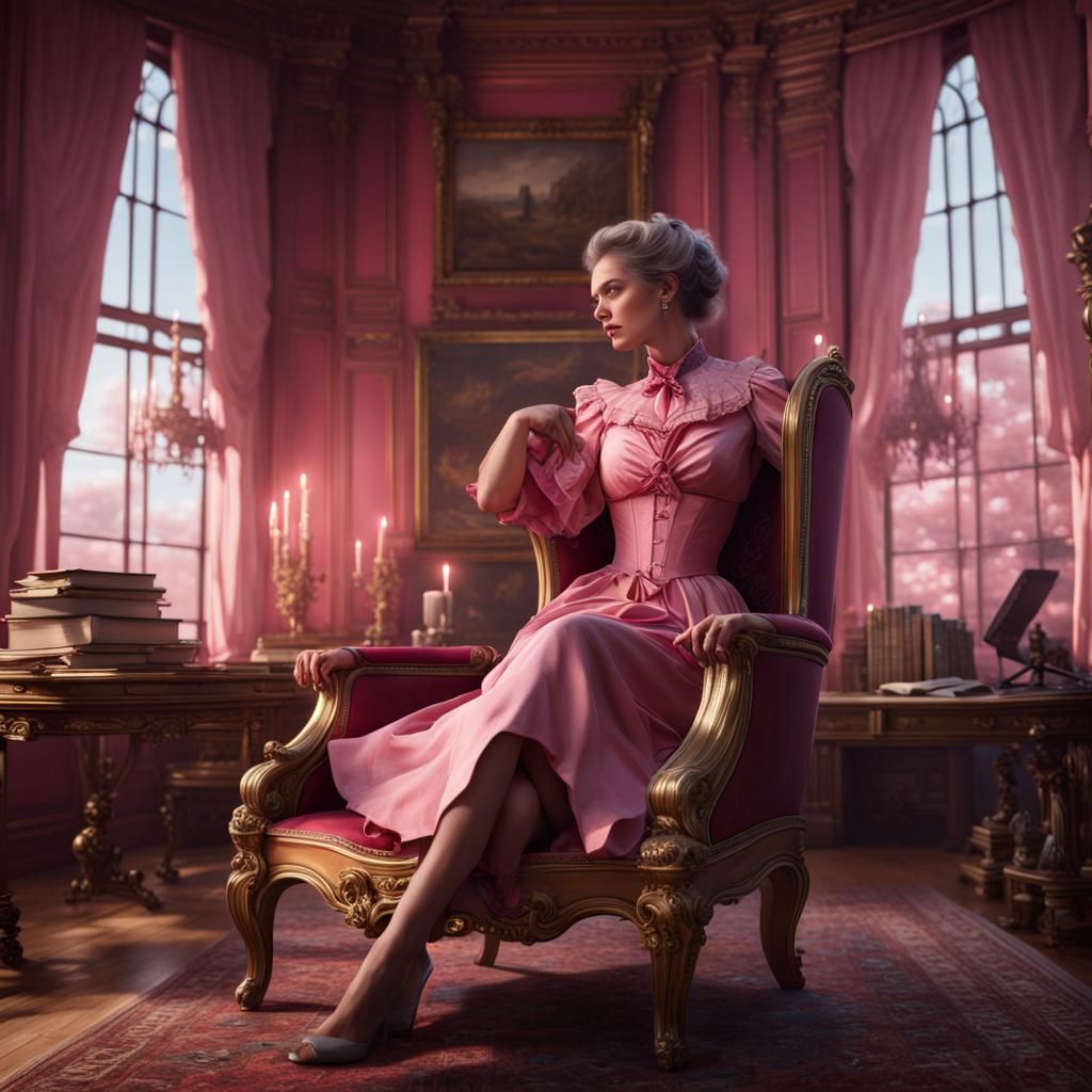 Pink Woman in 1800s Chair: Detailed Fantasy Art