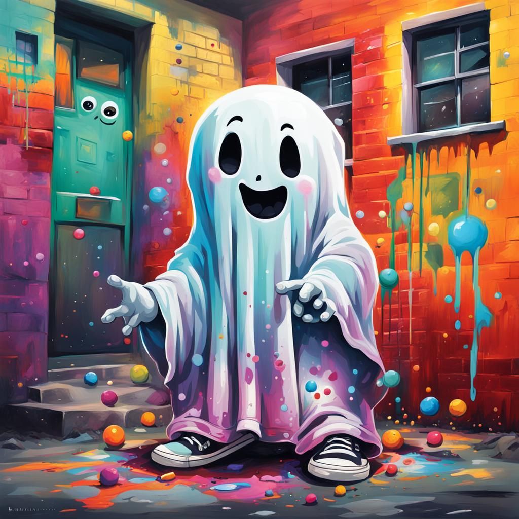 Friendly Child Ghost Plays at School: Graffiti Art