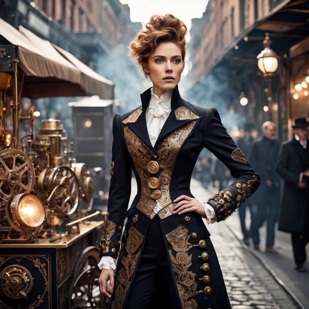 Regal Steampunk Businesswoman in Victorian Market