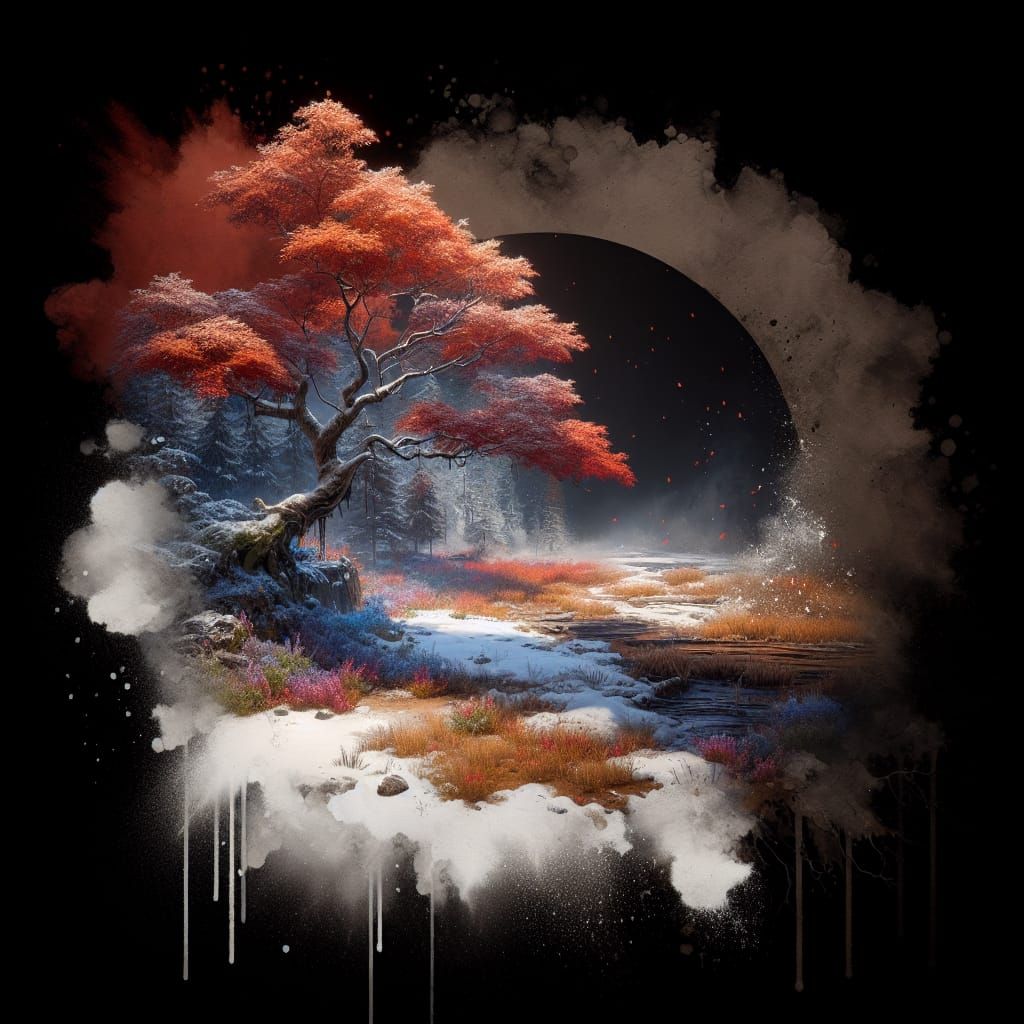 Snowy Fantasy Scene in Wet Watercolor Style