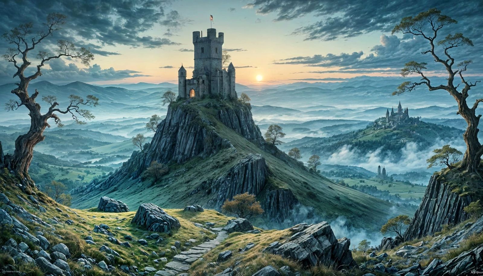 Mountain Keep Ruins in Noctilucent Evening Light