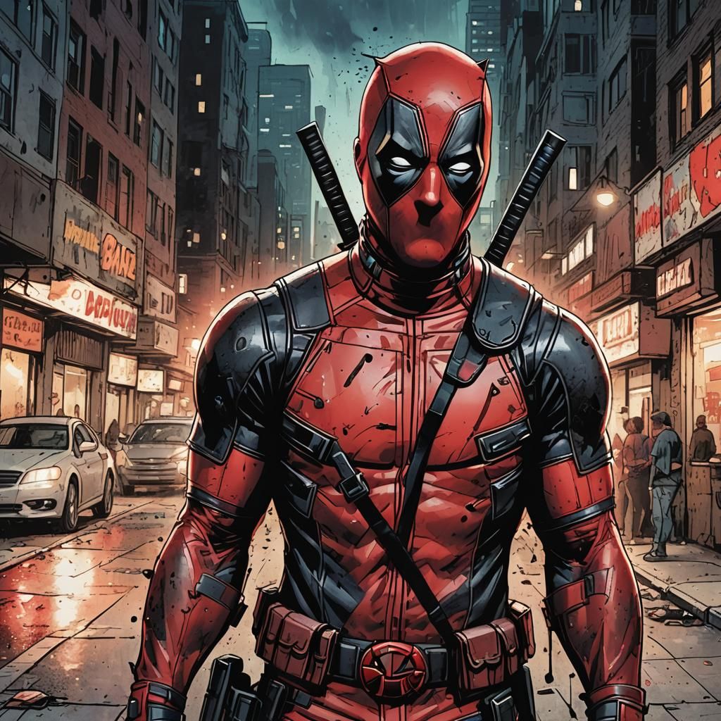 Deadpool Smirking in City Street: Comic Book Art