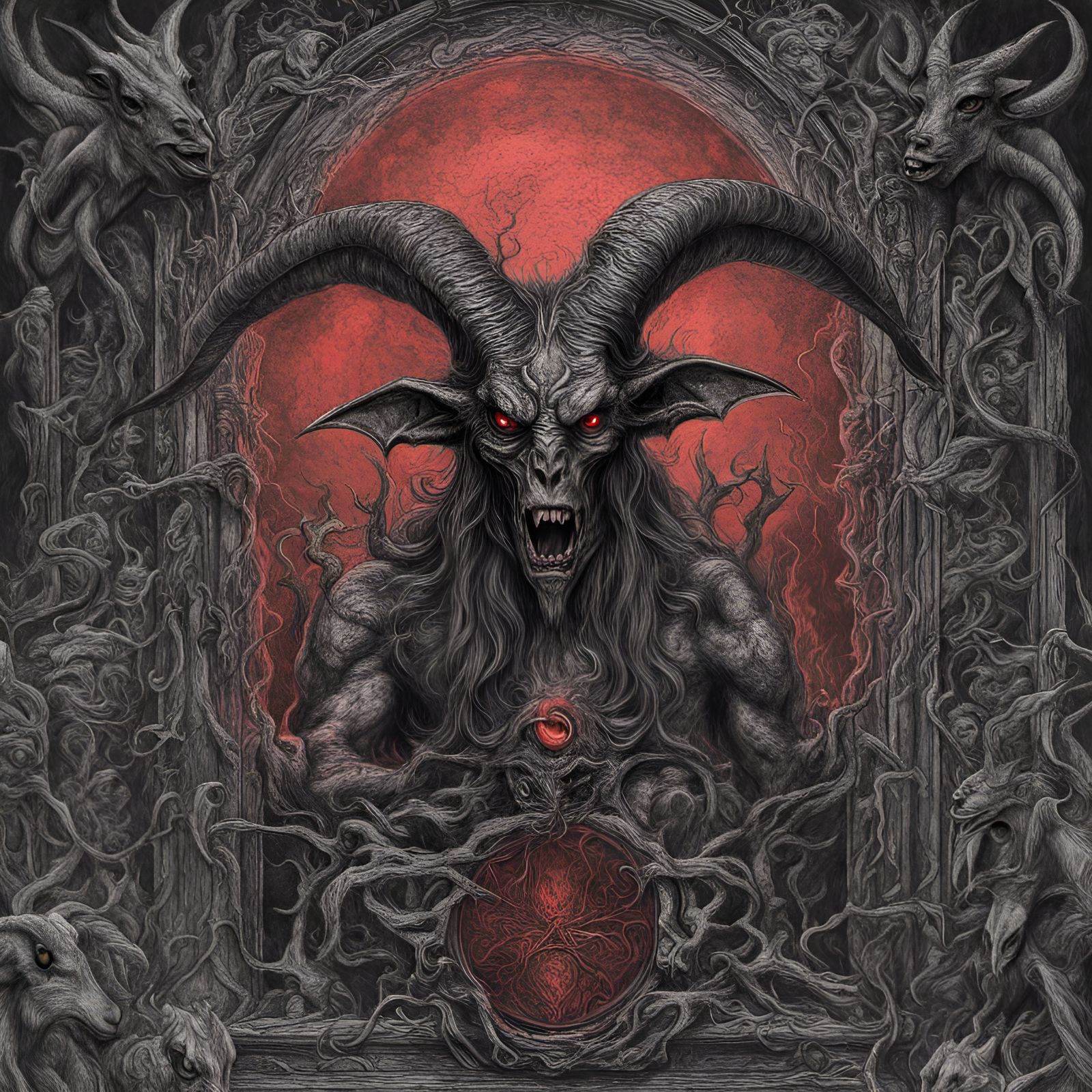 Demonic Horror Scene with Gargoyles in Black Metal Style