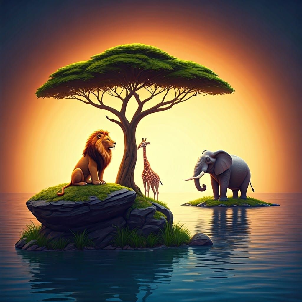 Safari Animals in a Lake: 3D Digital Art