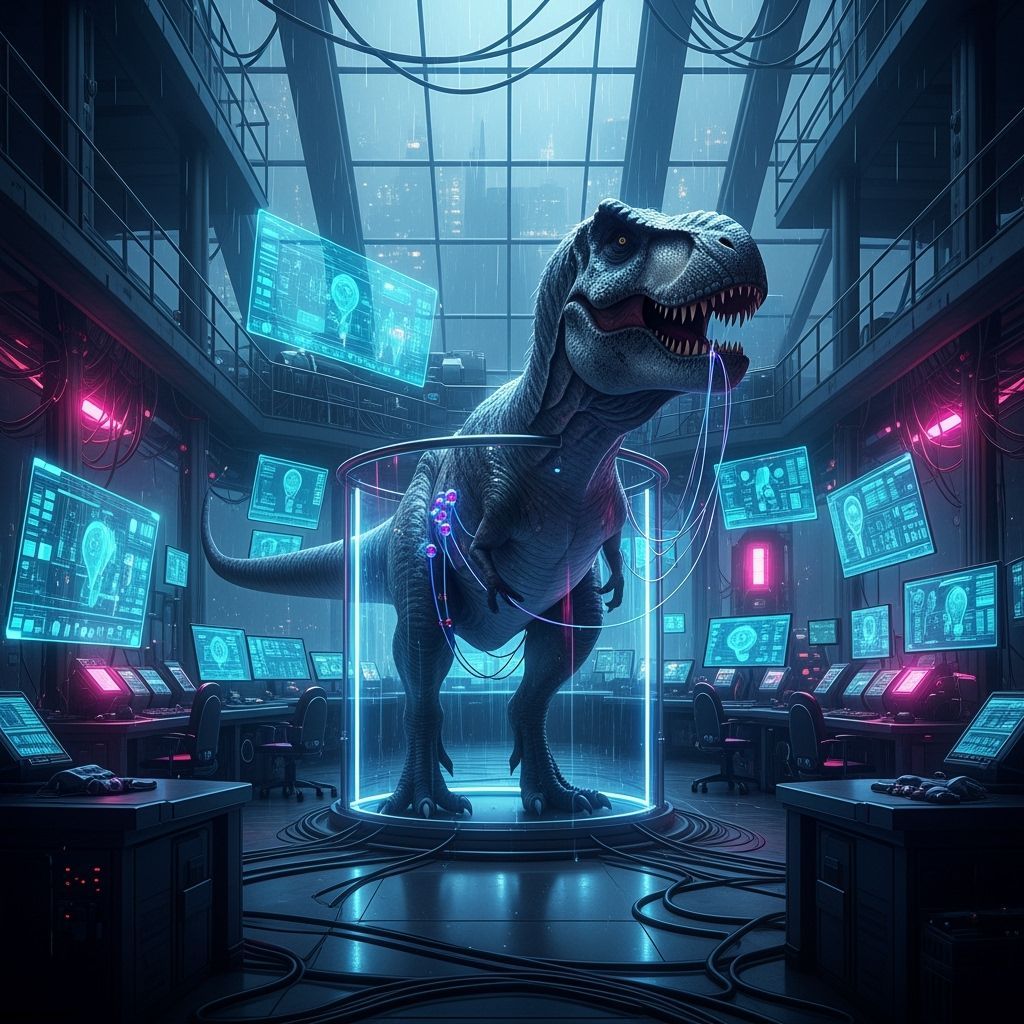 Dinosaur in Cyberpunk Lab, Futuristic Art