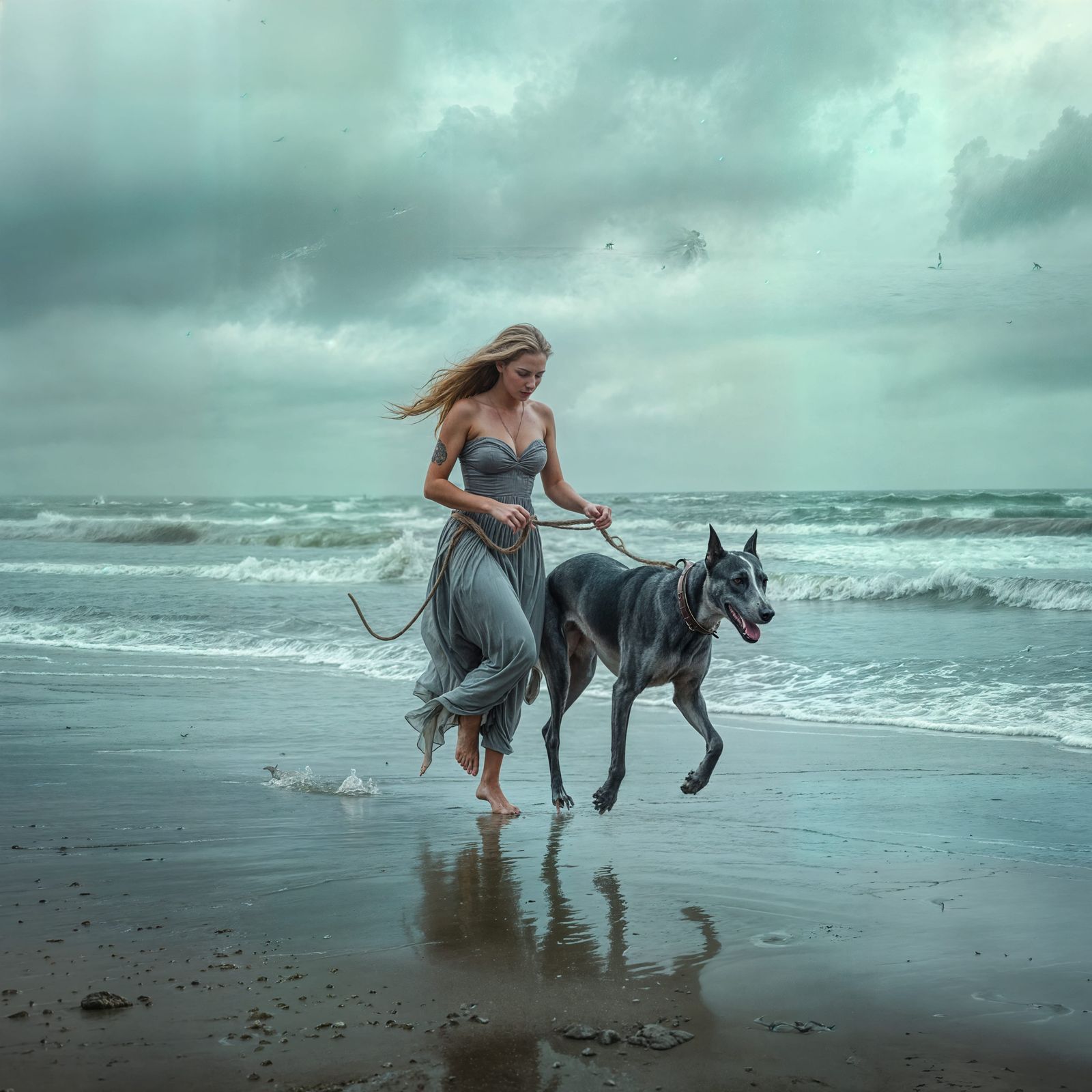 Goddess of Sea Walks Greyhound on Stormy Southsea Beach
