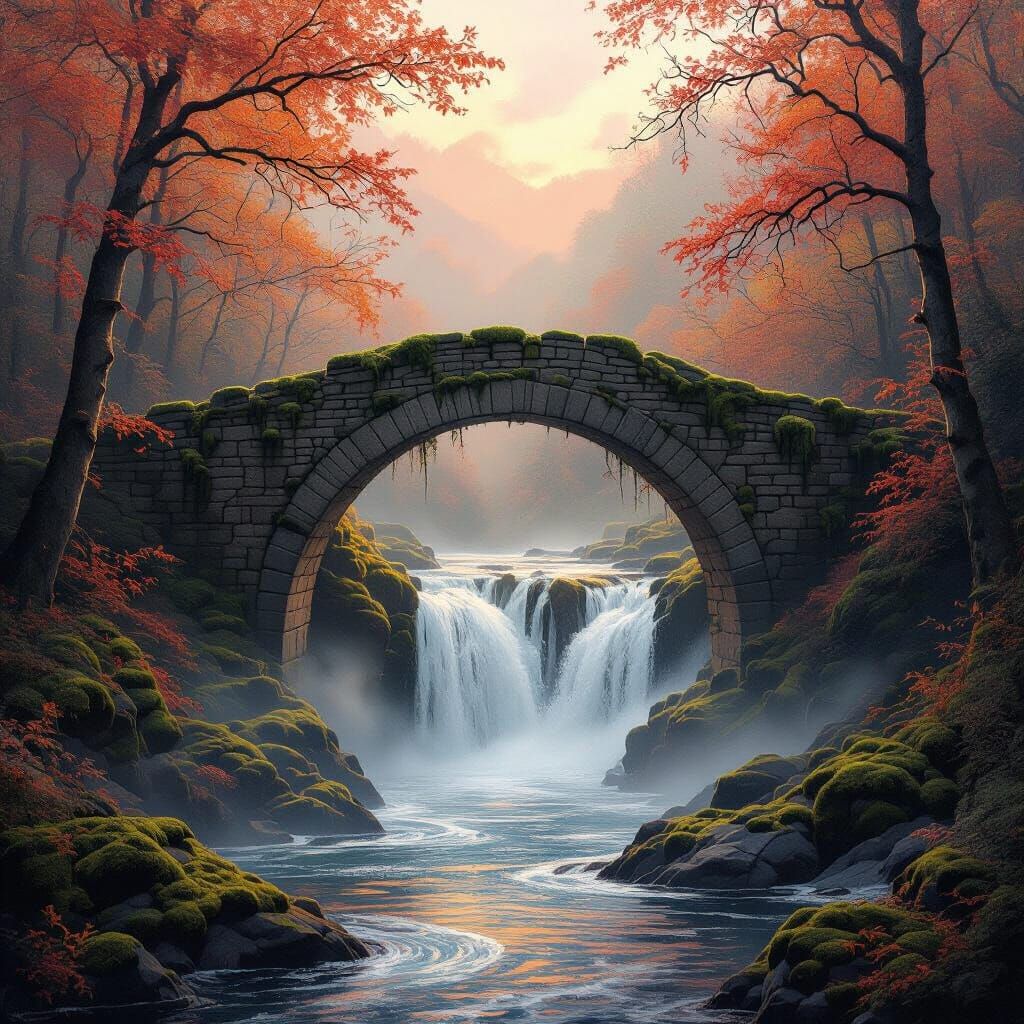Mystical Autumn Bridge Over Waterfall in Fiery Hues
