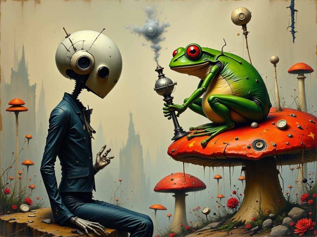 Depressed Robot Confides in Frog Amidst Surreal Landscape