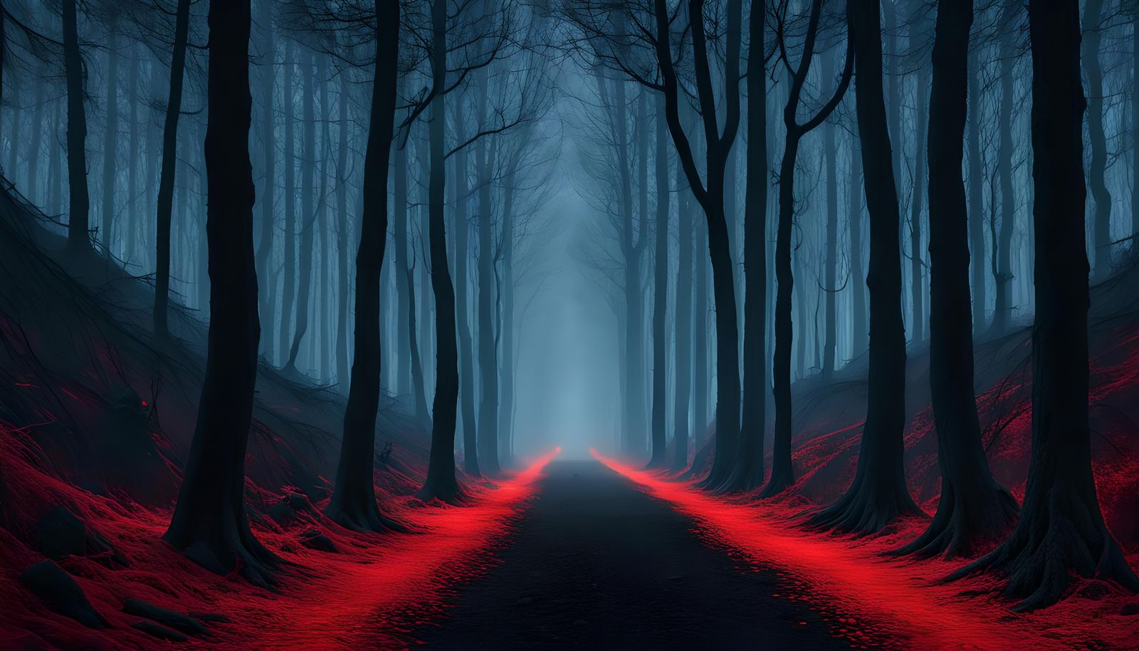 Ominous Forest Path with Glowing Eyes