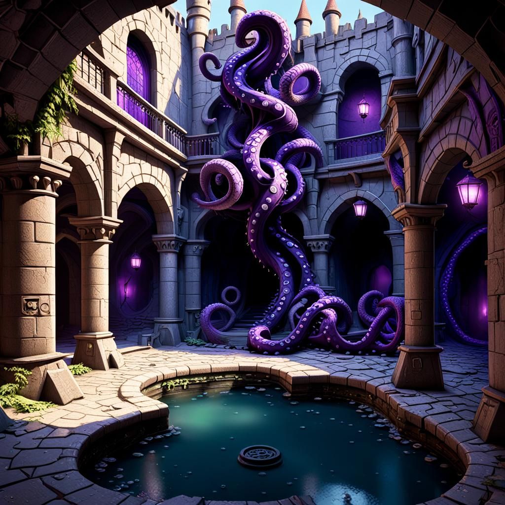 Purple Tentacle in Castle Courtyard: Digital Art