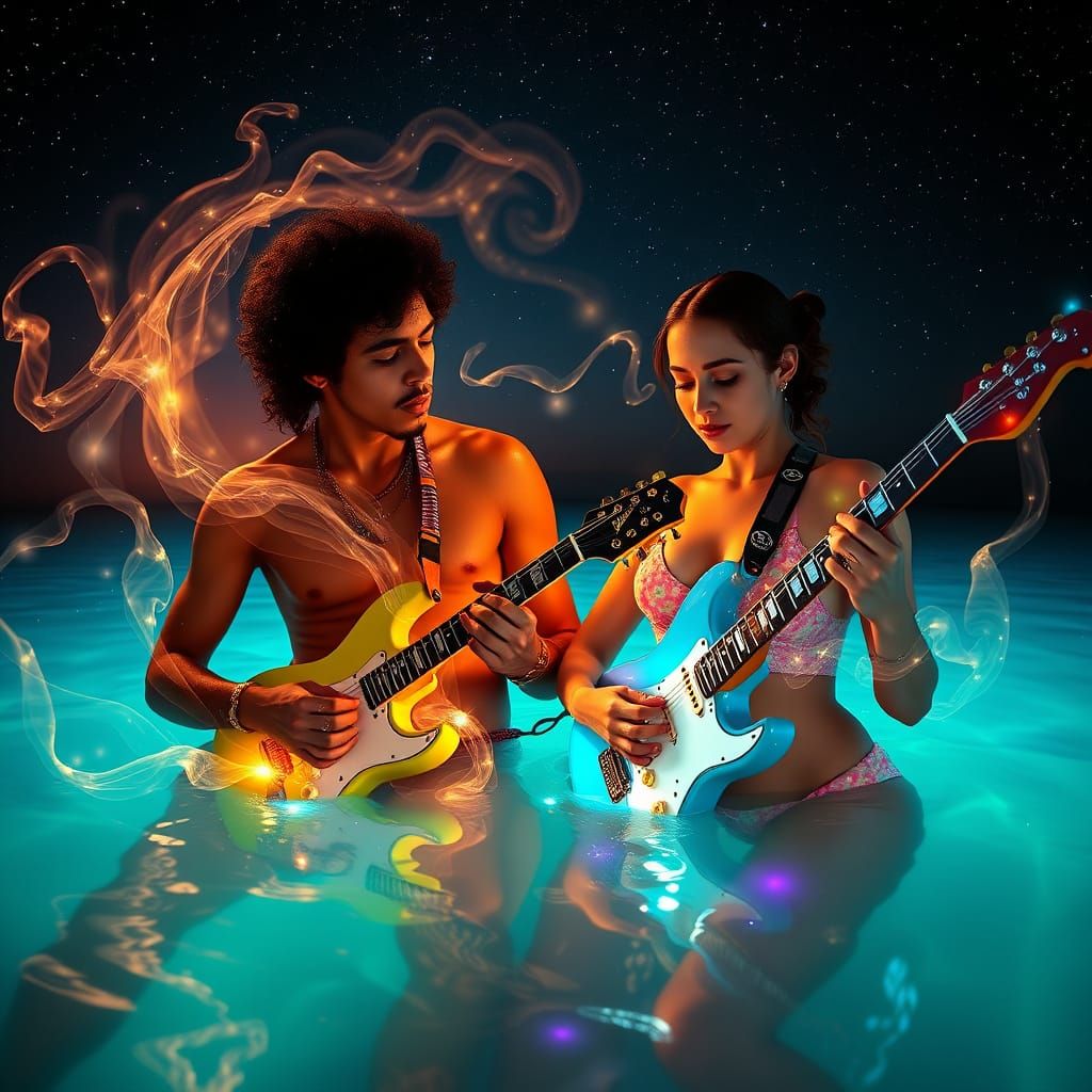 Musicians Embrace in Luminous Lagoon Under Starry Sky