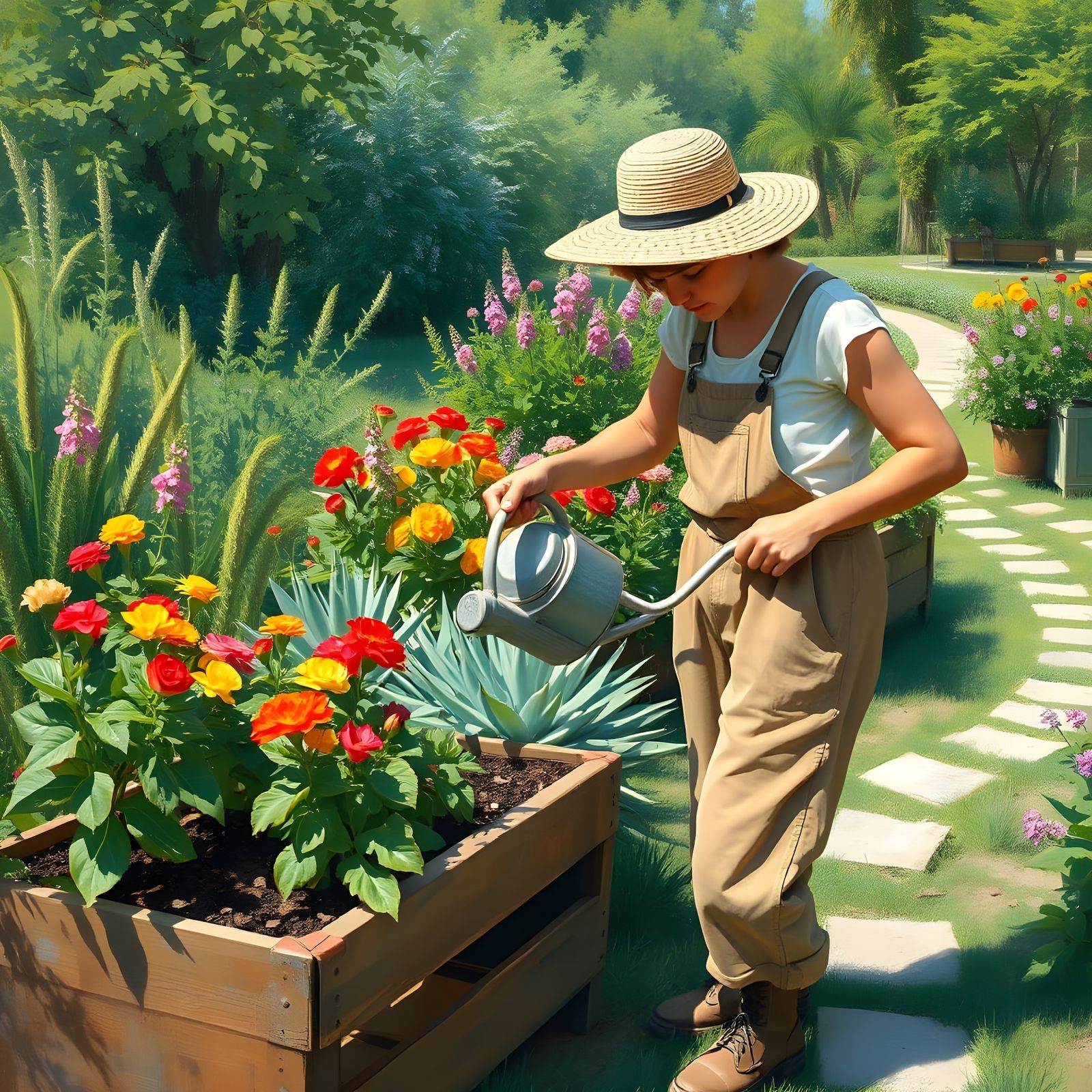 Gardener Watering Flowers in a Lush Garden