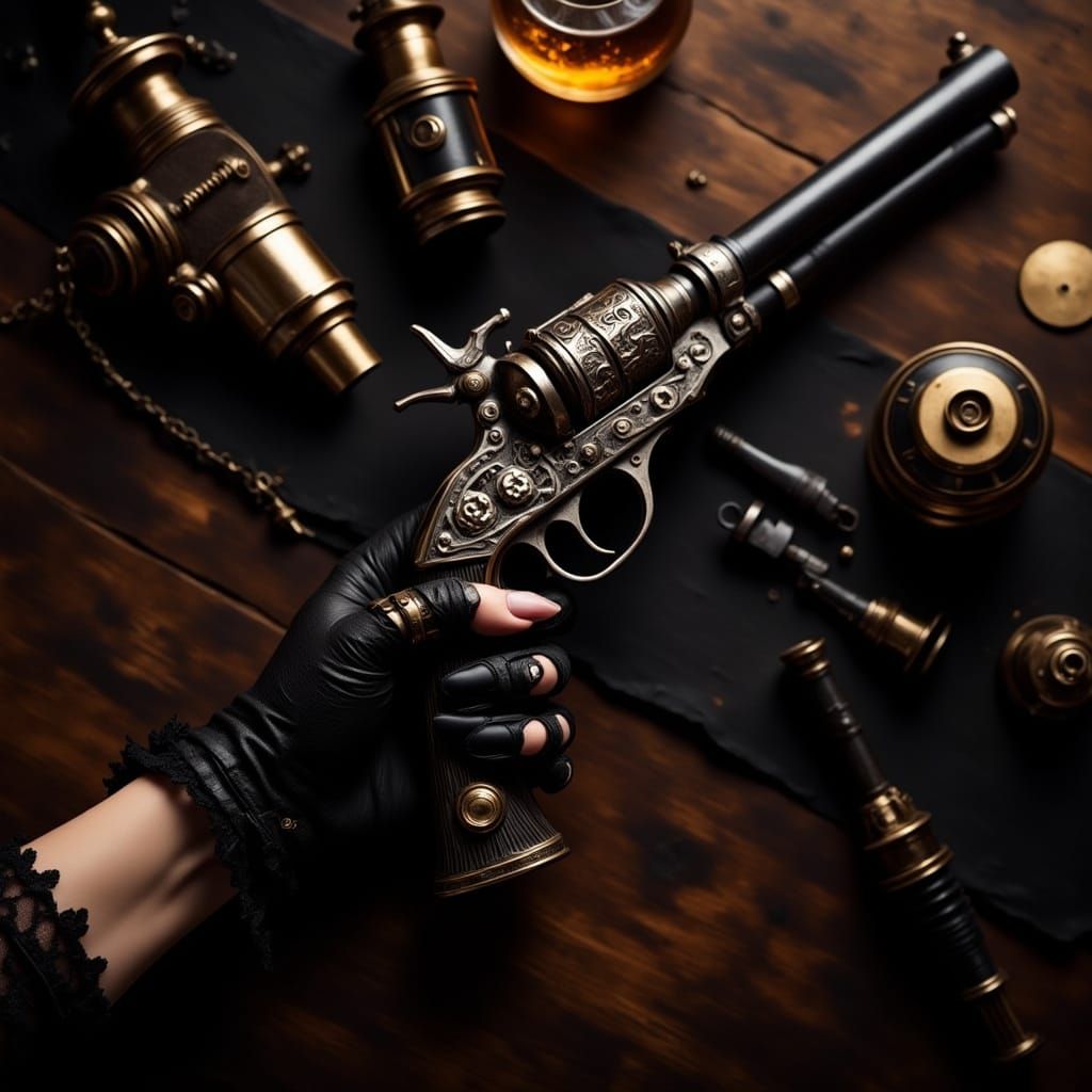 Glamorous Steampunk Lady Aims Antique Pistol