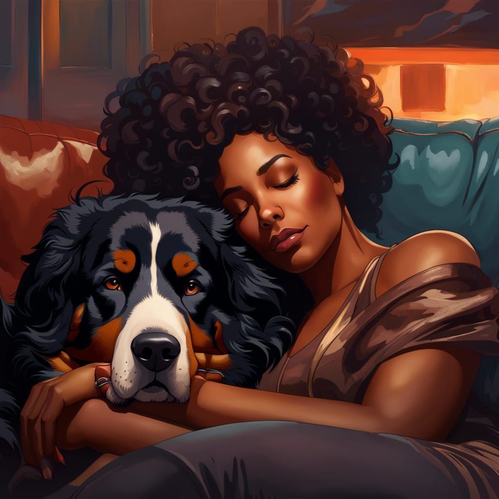 Woman and Dog Napping: Hyperdetailed Digital Portrait