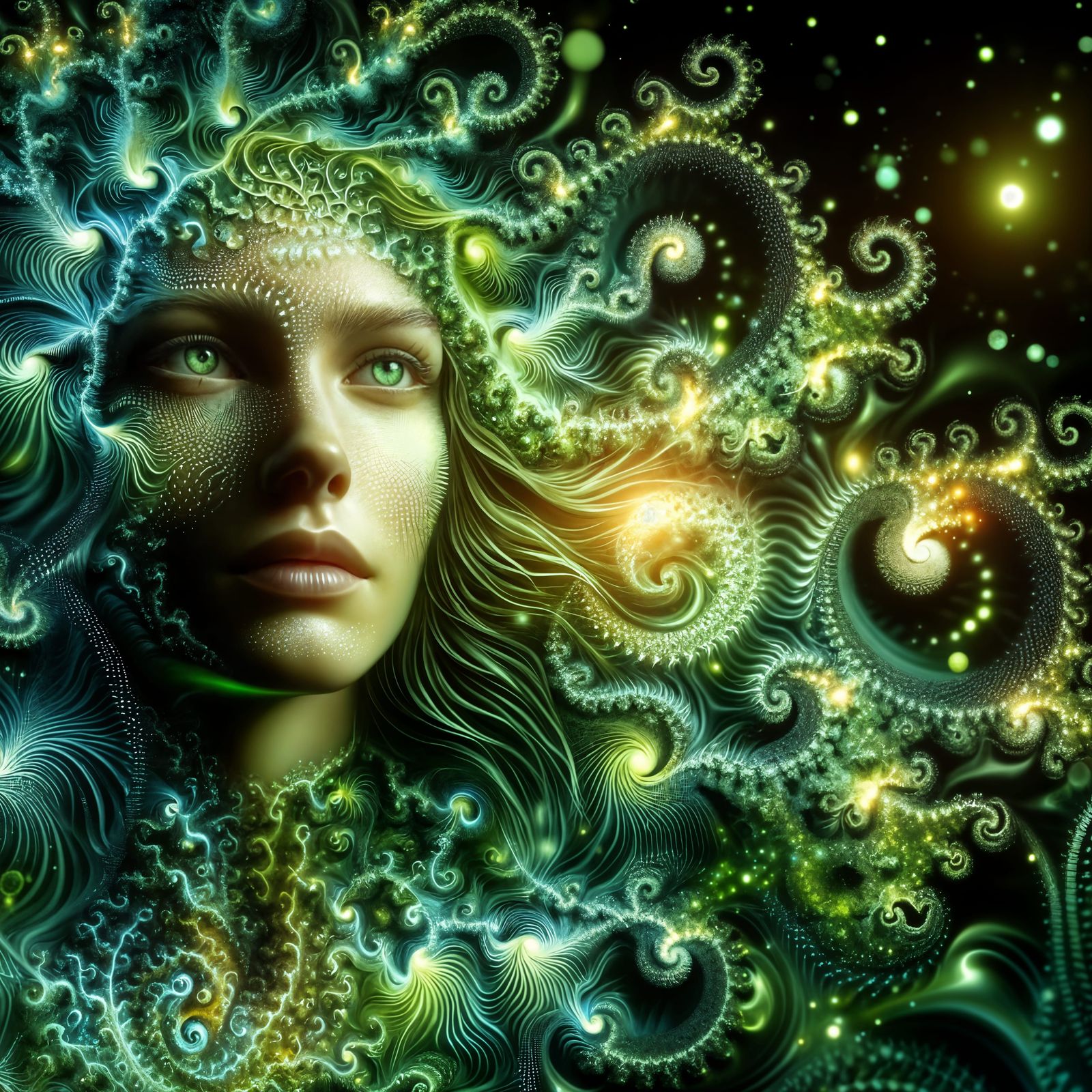 Luminescent Woman Emerges from Emerald Organic Matter