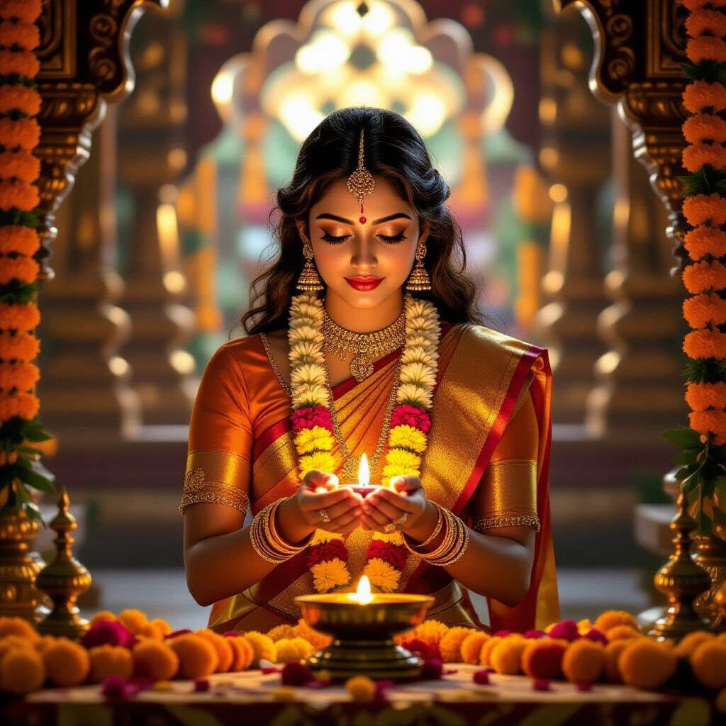 Indian Woman Worships Krishna & Radha in Ornate Temple