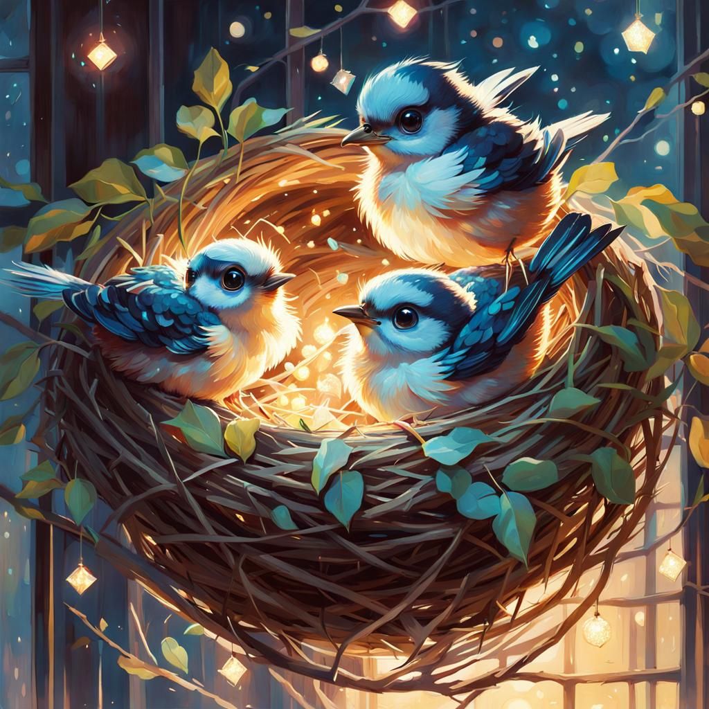 Celestial Bird Nest with Baby Birds in Iridescent Style