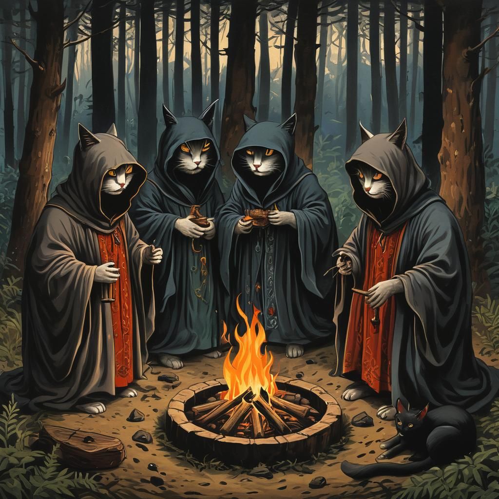 Evil Cats Ritual in Forest: Gouache Ink Print