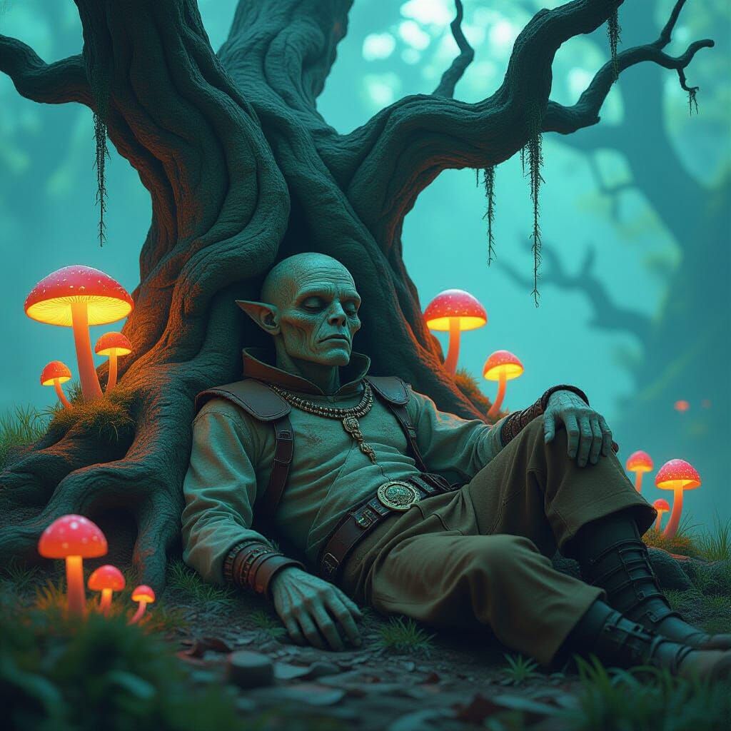 Psychedelic Monster Sleeping by Ancient Tree