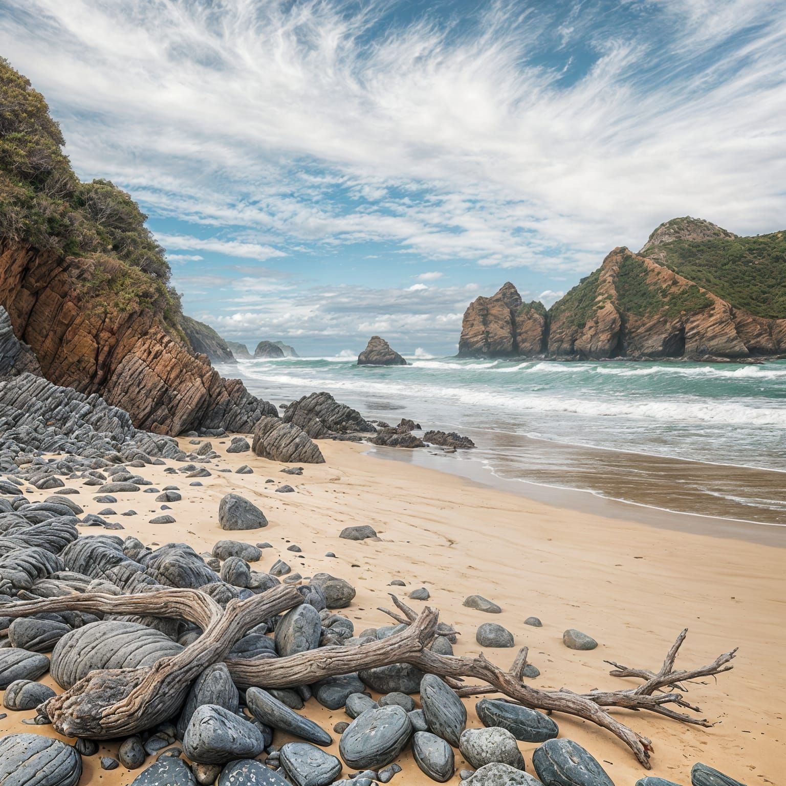 Vibrant New Zealand Coastline with Eroded Sandstone and Drif...