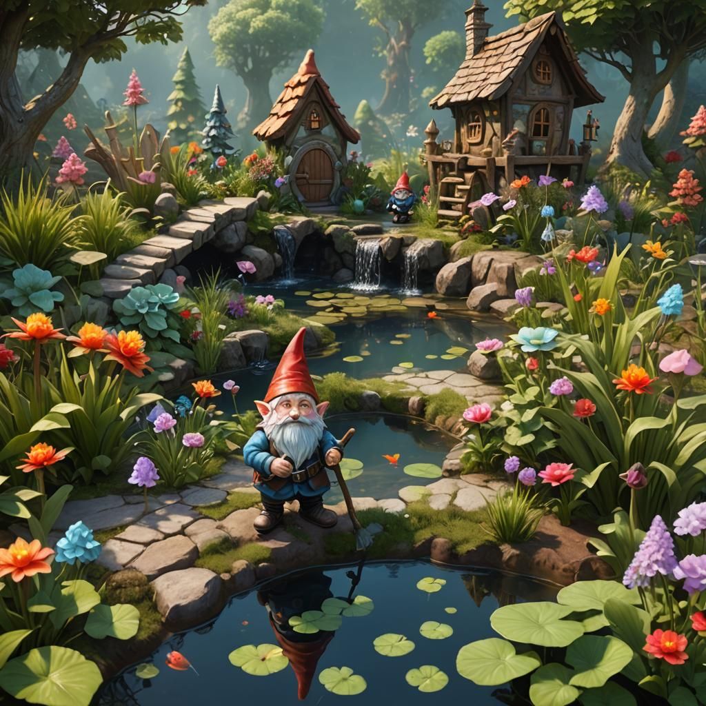 Gnomes Fishing in Garden Pond: Fantasy Concept Art