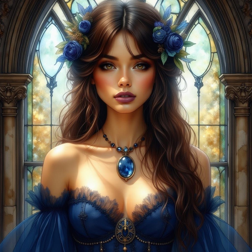 Sapphire Adorned Woman in Art Nouveau Style