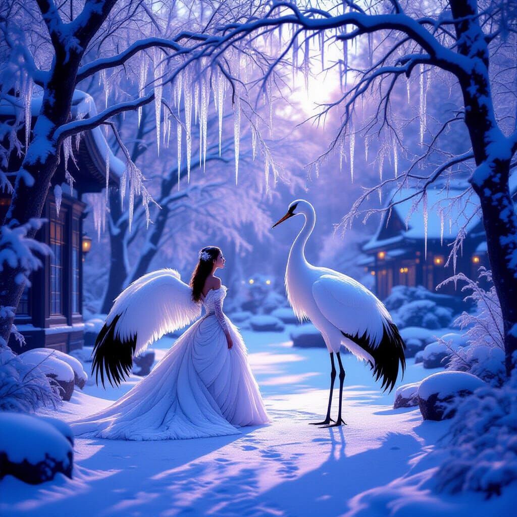 Elegant Crane and Girl in Icy Forest Courtyard