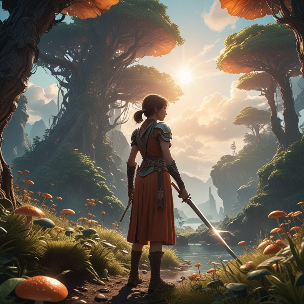 Ethereal Fantasy Realm: Young Warrior in Mystical Forest