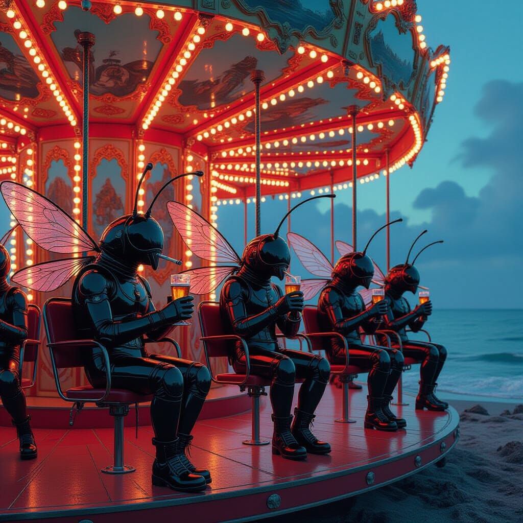 Futuristic Island Carousel With Roach Characters