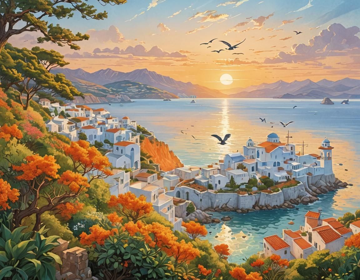 Greek Island Sunrise in Comic Book Art Style