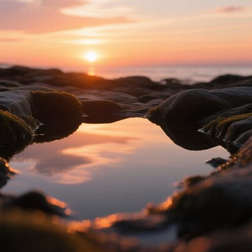 Reflected sunset in a rockpool 8k photo soft focus warm ligh...
