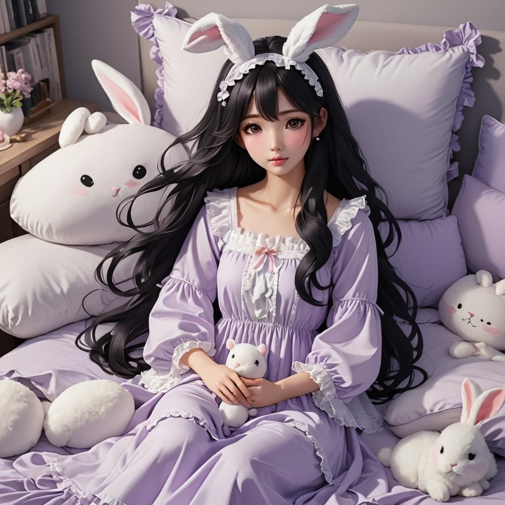 Cute Korean Girl in Anime Style with Bunny Ears