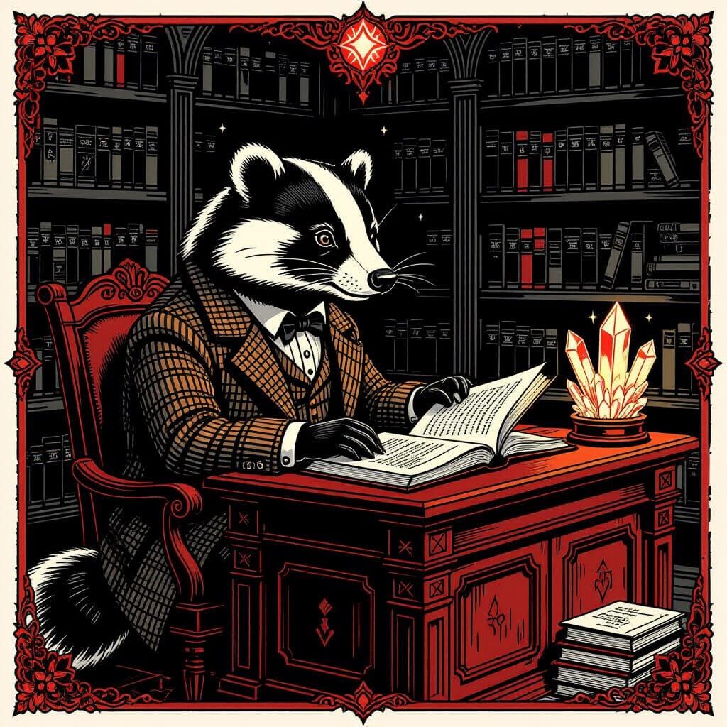 Badger Librarian in Underground Library as Tattoo Art