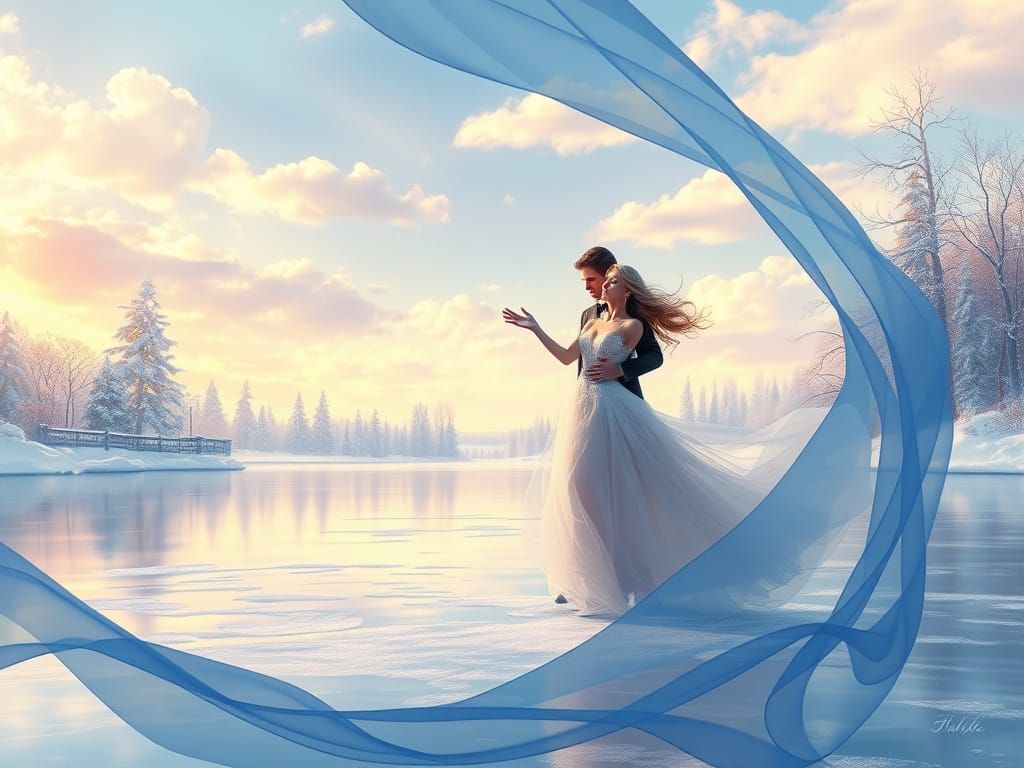 Ethereal Ice Skating Couple in Dreamlike Vista
