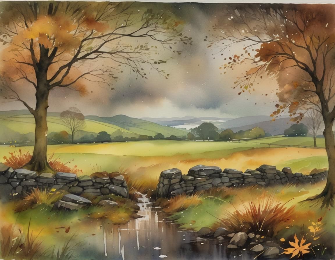 Scottish Autumn Landscape in Watercolor Style