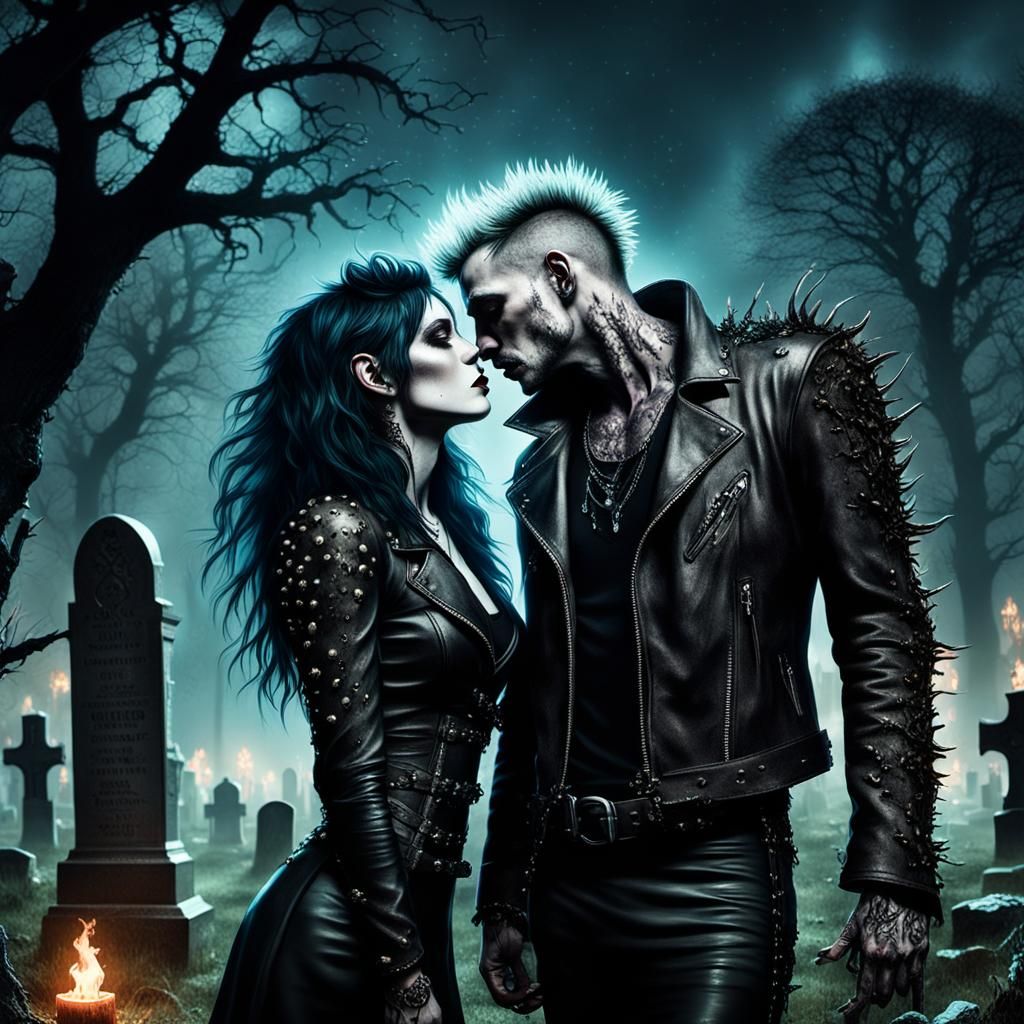Goth Punk Kiss in Bioluminescent Graveyard, Cyberpunk Comic ...