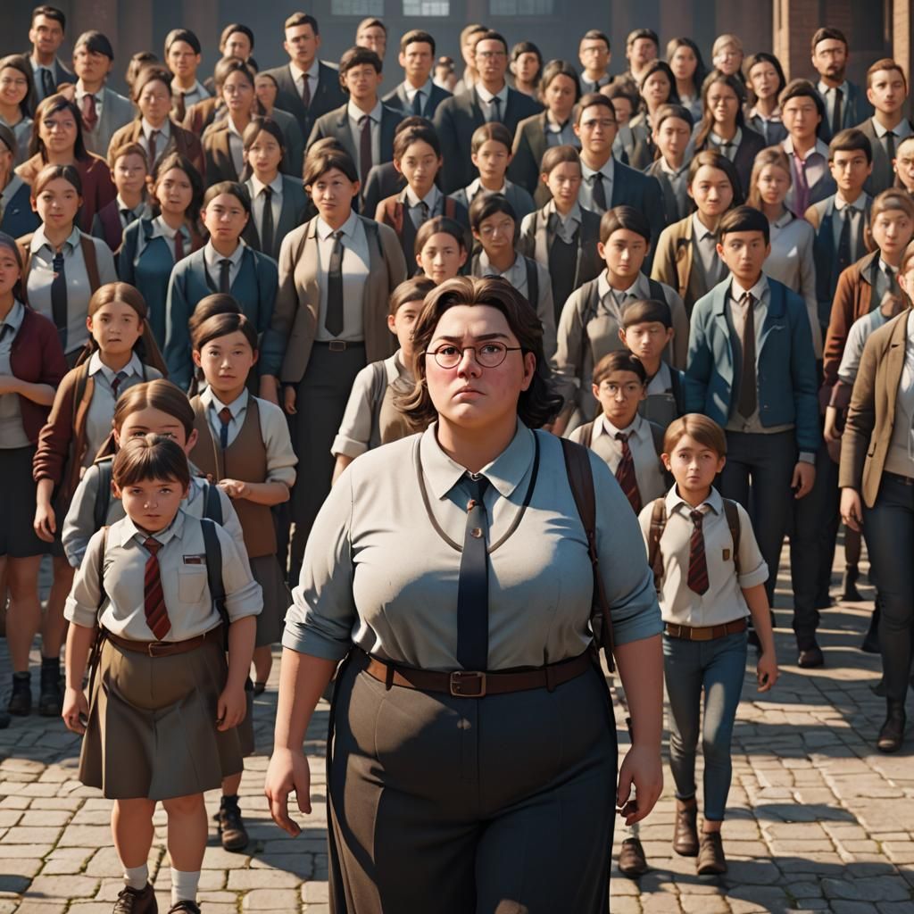 Overweight Teacher and Skinny Pupils in 3D Render