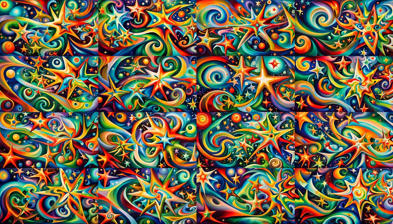 Iridescent Maelstrom of Swirling Stars in Naive Art Style